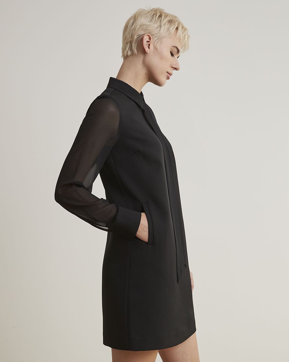 Long-Sleeve Straight Dress with Shirt Collar