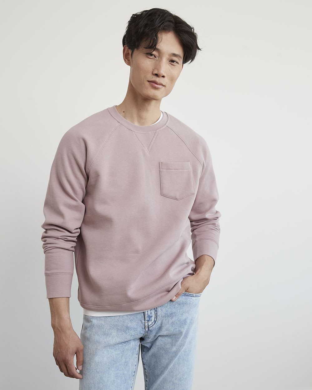 Solid Fleece Crew-Neck Pullover with Chest Pocket