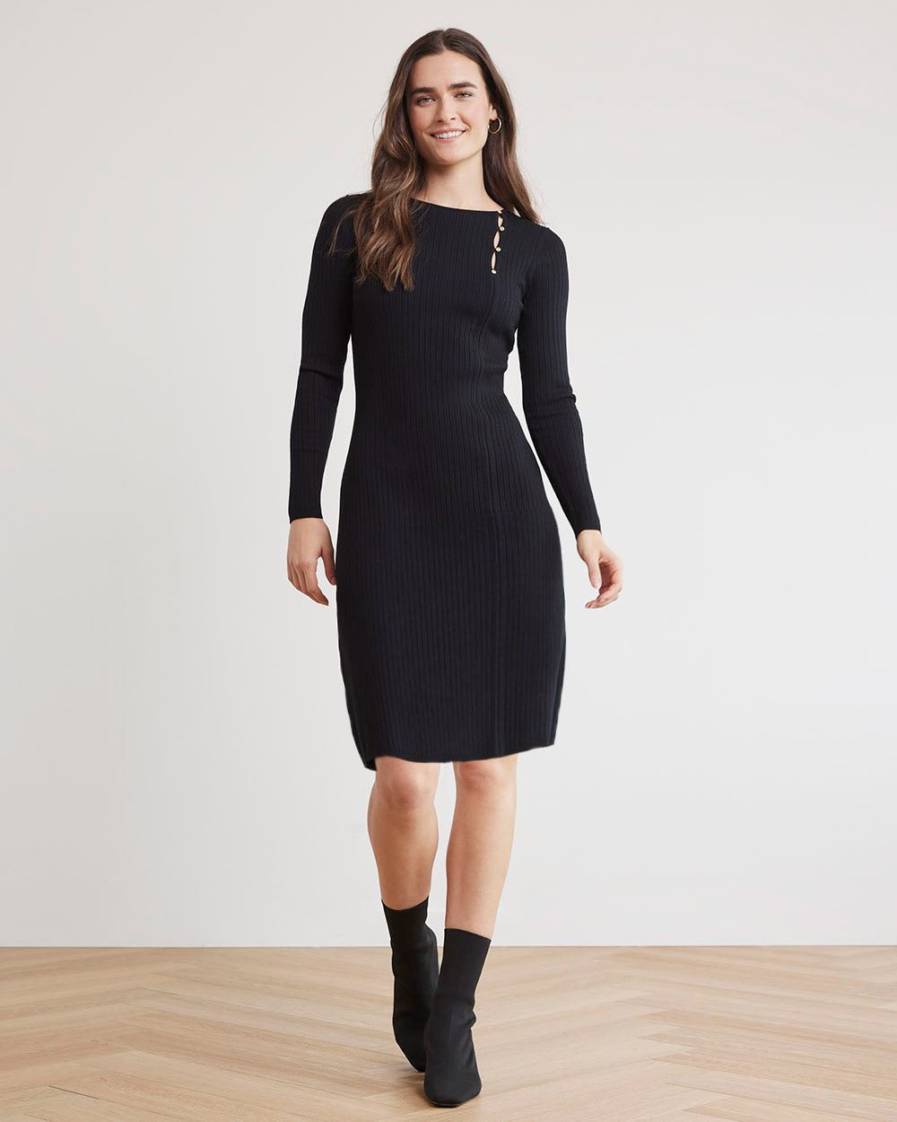 Long-Sleeve Round-Neck A-Line Mini Dress
