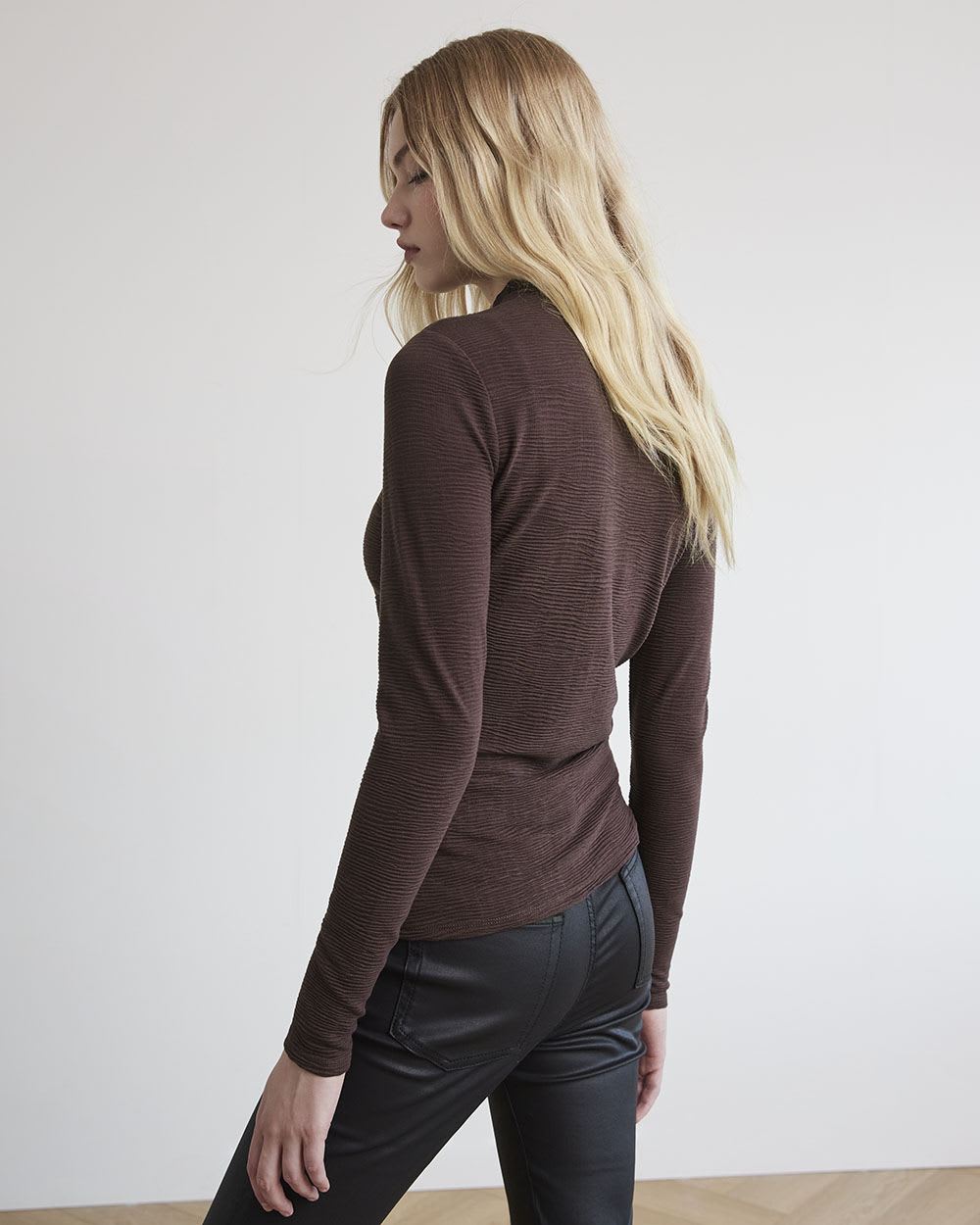 Long-Sleeve Mock-Neck Textured Bodycon Tee