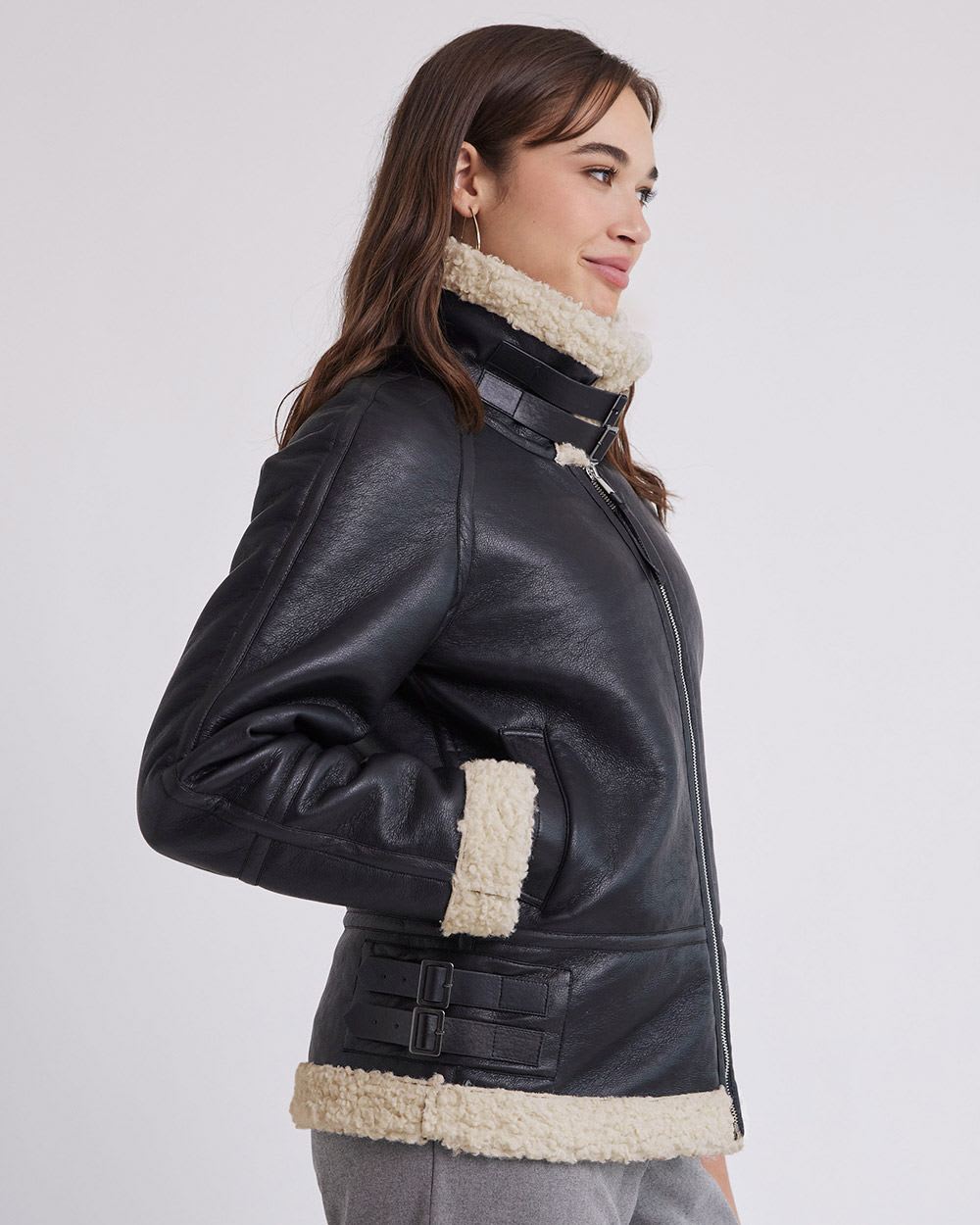 Faux Leather Jacket with Sherpa Details