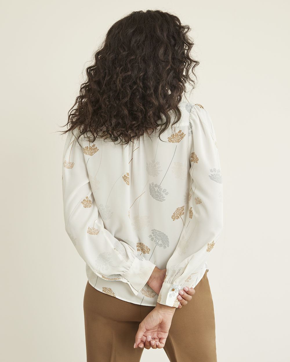 Long-Sleeve Buttoned-Down Silky Crepe Blouse