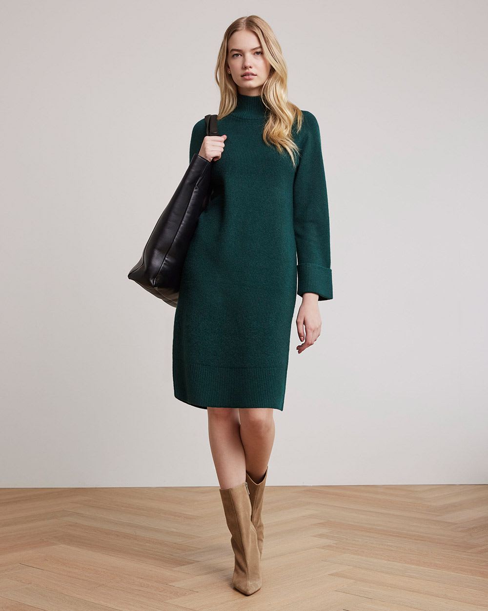 Long-Sleeve Mock-Neck Straight Dress with Ribbed Cuffs