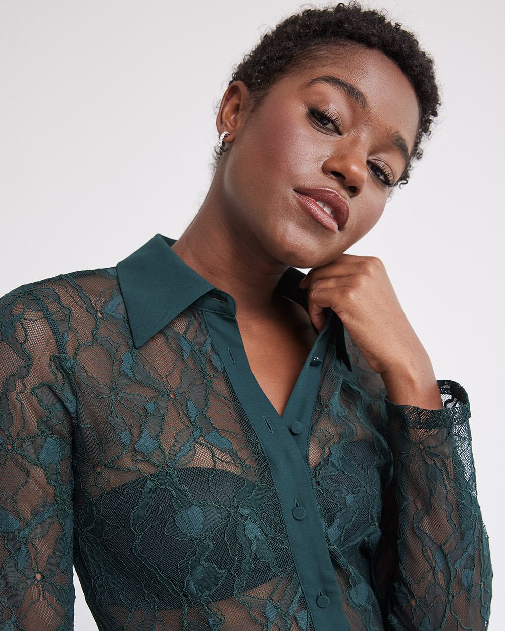 Long-Sleeve Buttoned-Down Lace Blouse