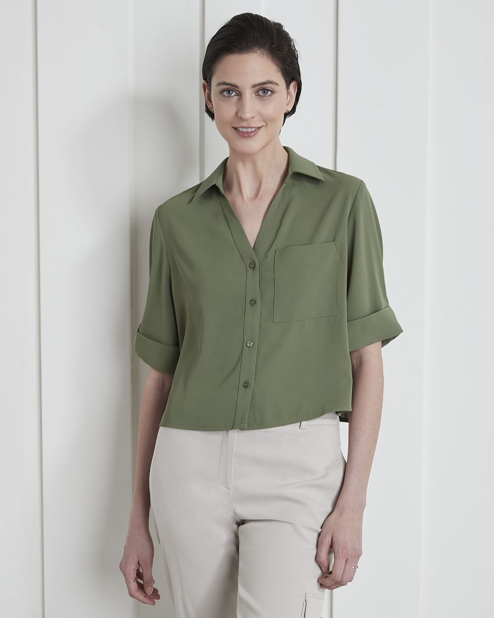 Soft Crepe Buttondown Blouse with Roll-Up Sleeves and Pocket