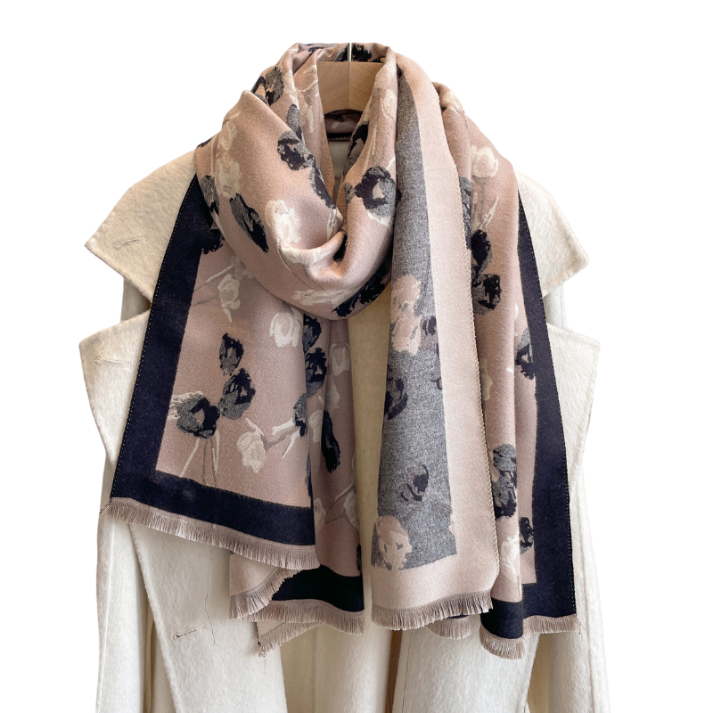 Beige & Black Elegant Floral Branch Fringe-Trimmed Scarf - Don't AsK