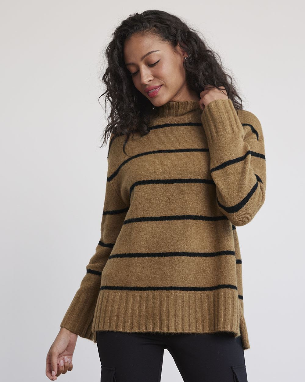 Relaxed-Fit Long-Sleeve Mock-Neck Striped Sweater