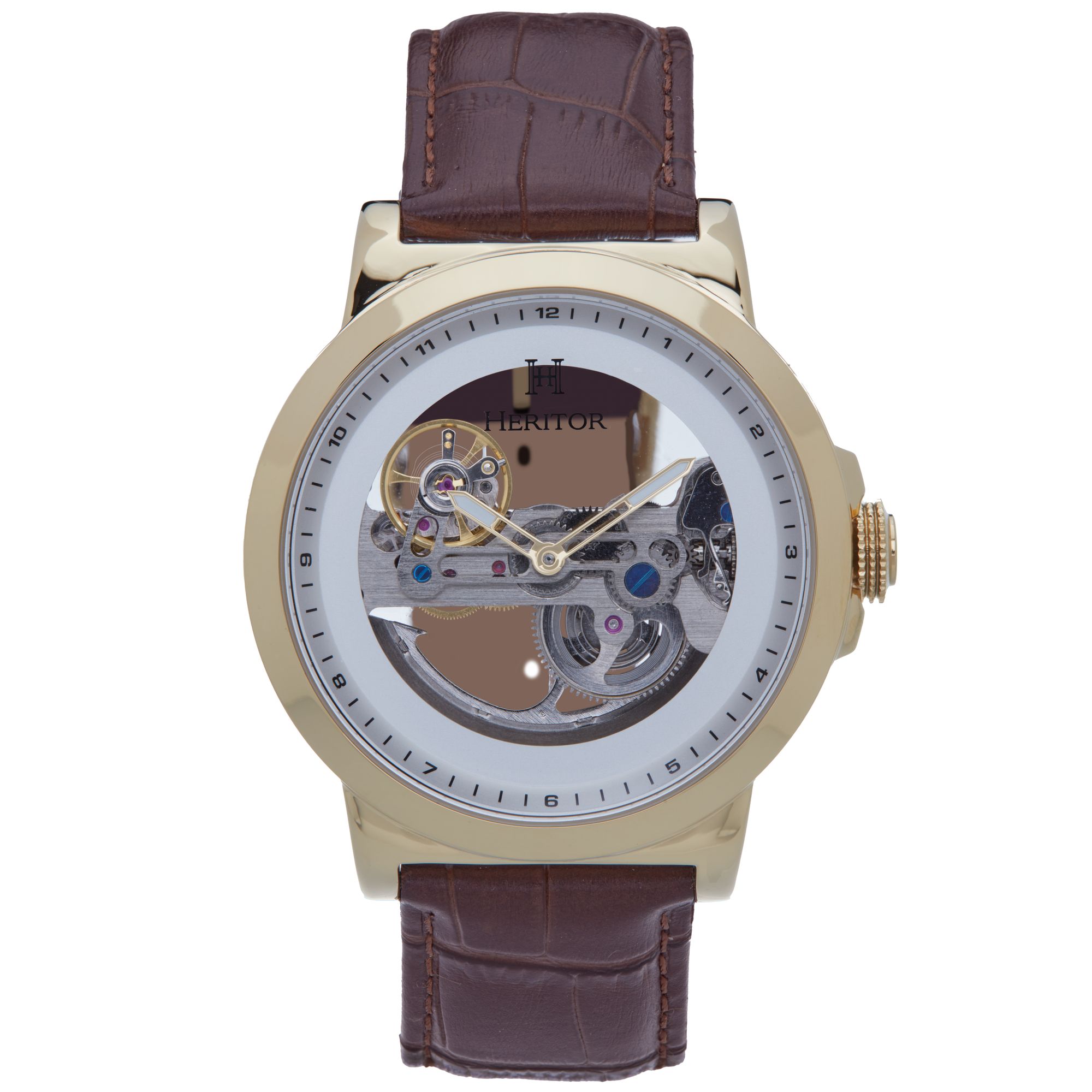 Heritor Automatic - Xander Semi-Skeleton Leather-Band Watch - Gold/Brown