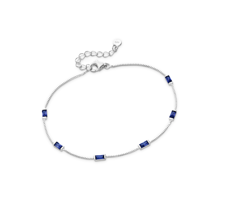 Sterling Silver Baguette Station Bracelet in Sapphire Cubic Zirconia - Ag Sterling