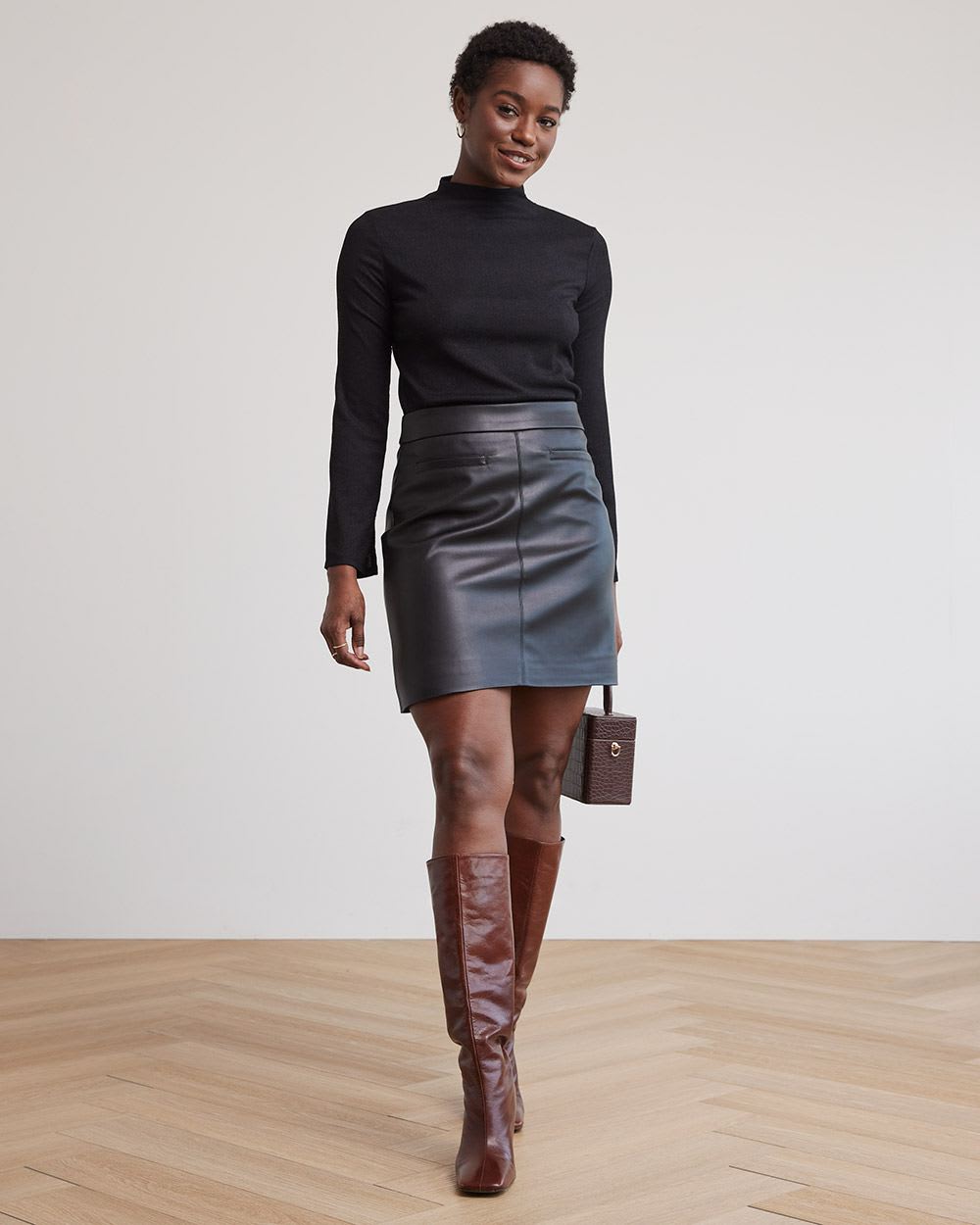 Long-Sleeve Crinkle Top with Funnel Neckline