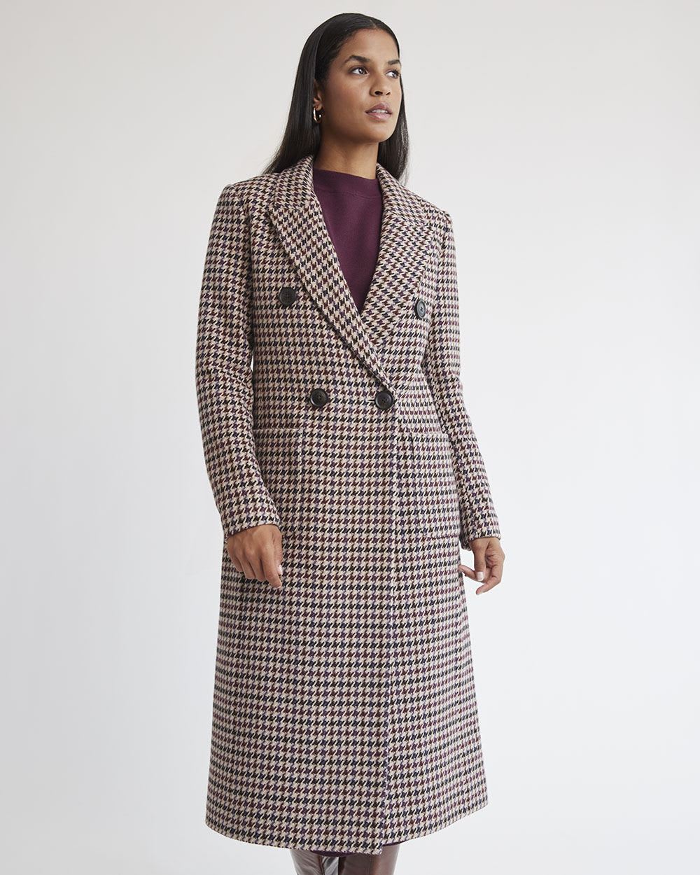 Houndstooth Long Double-Breasted Wool Coat