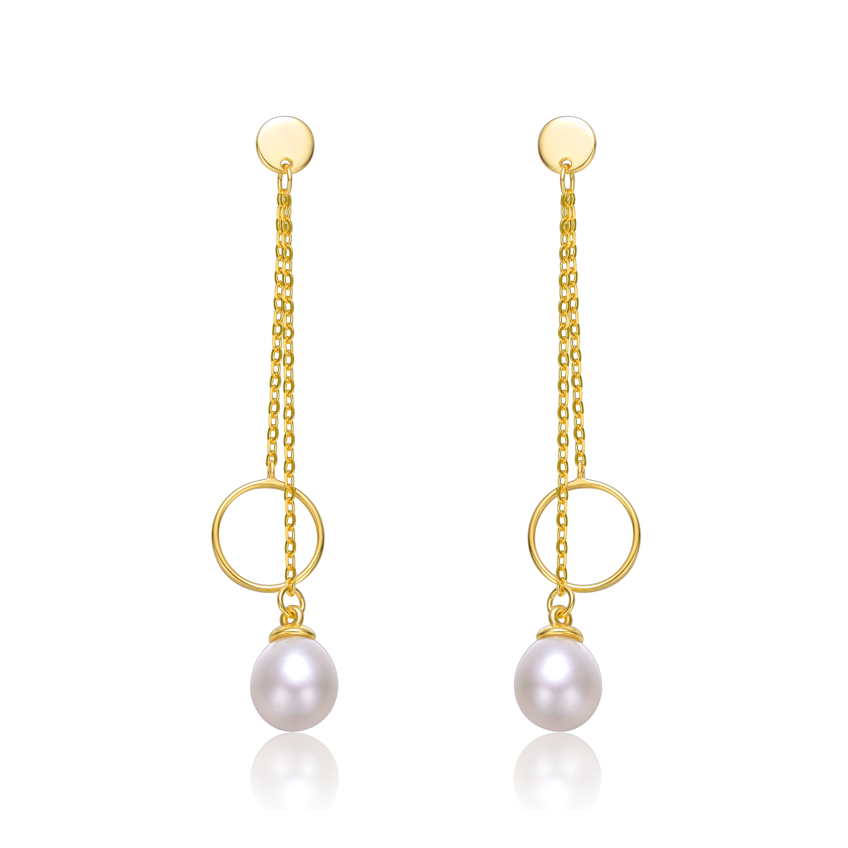 Sterling Silver 14k Yellow Gold Plated with White Pearl & Eternity Circle Asymmetrical Double Linear Drop Fringe Earrings