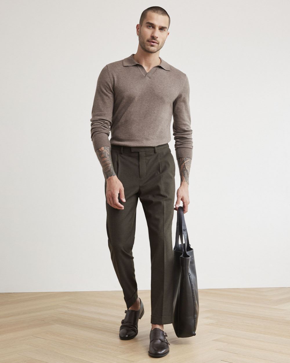 Long-Sleeve Cotton Polo with Johnny Collar