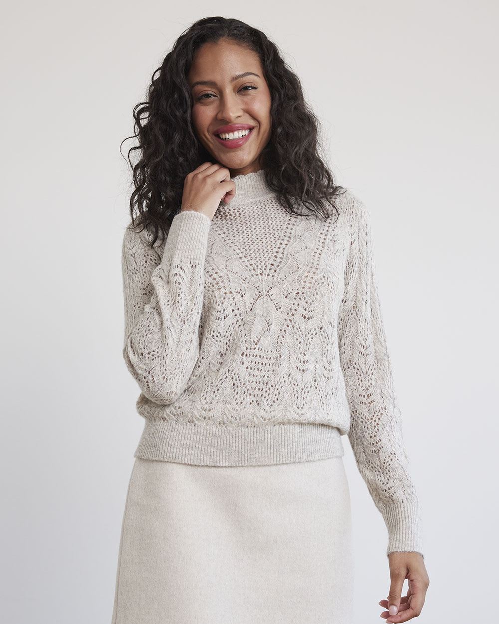 Long-Sleeve Mock-Neck Sweater with Pointelle Stitches