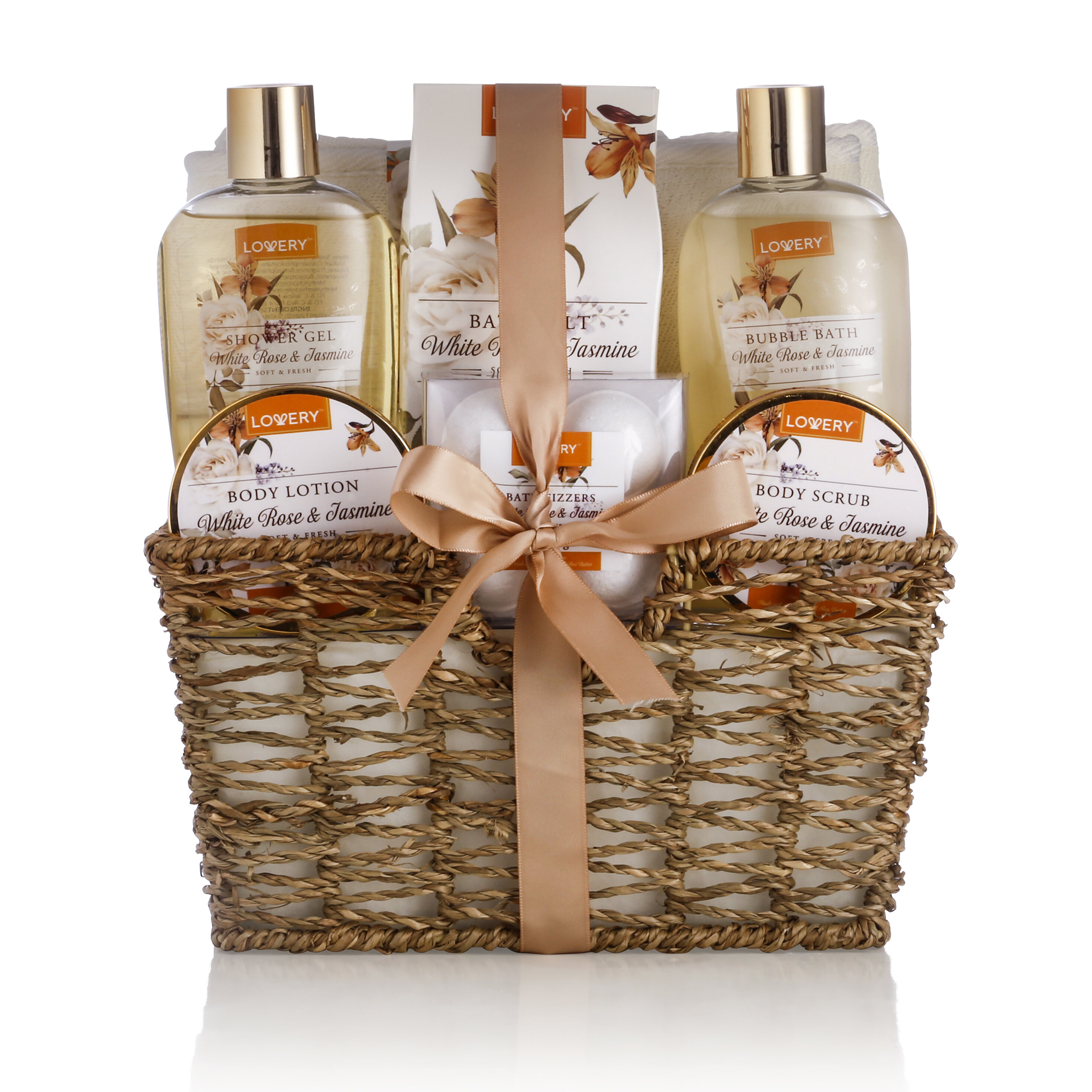 Lovery Home Spa Gift Basket - White Rose & Jasmine - Luxury 11 Pc Bath & Body Gift