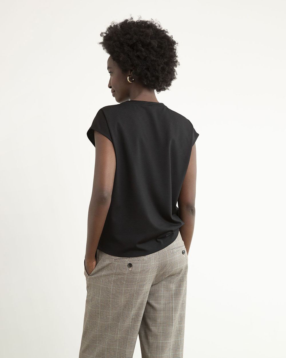 Mix-Media Top with Extended Sleeves and Pleated Crew Neckline