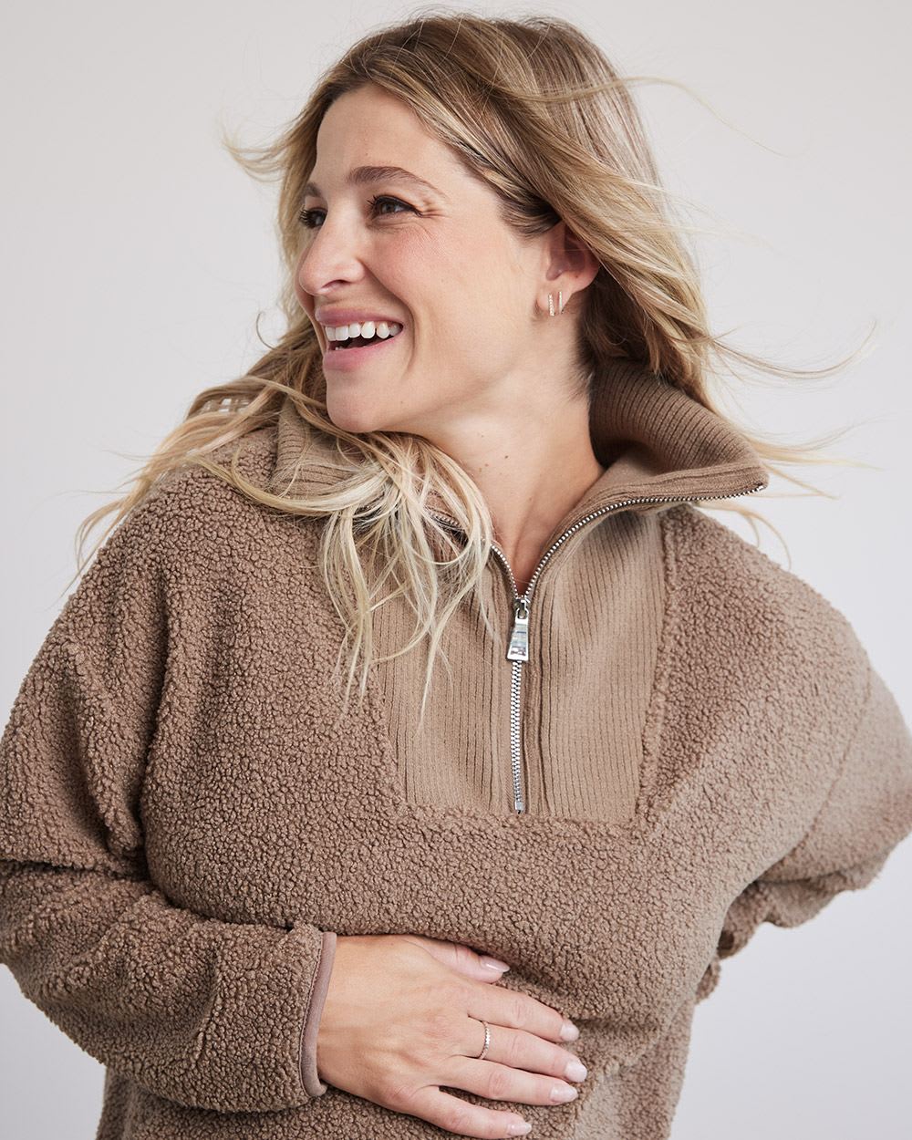 High-Neck with Half-Zip Sherpa Pullover - Thyme Maternity
