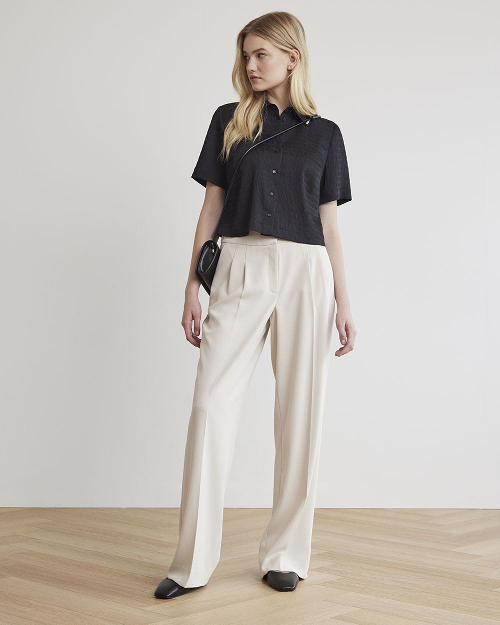 Short-Sleeve Buttoned-Down Textured Blouse