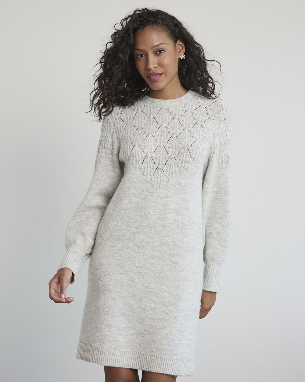 Long-Sleeve Crew-Neck Dress with Pompom Stitches
