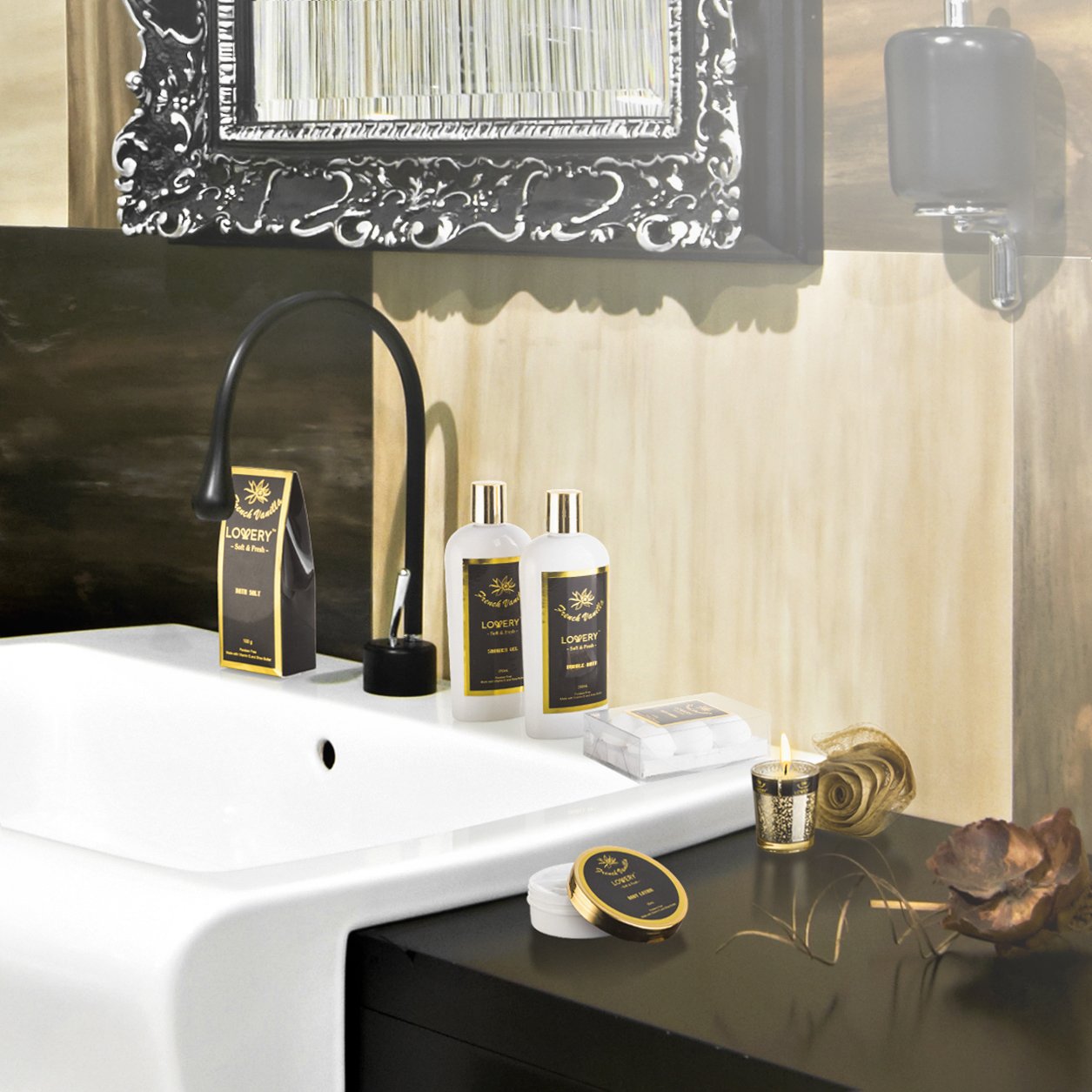 Lovery Gift Basket Set - Relaxing Home Spa Kit - Scented Spa Candle