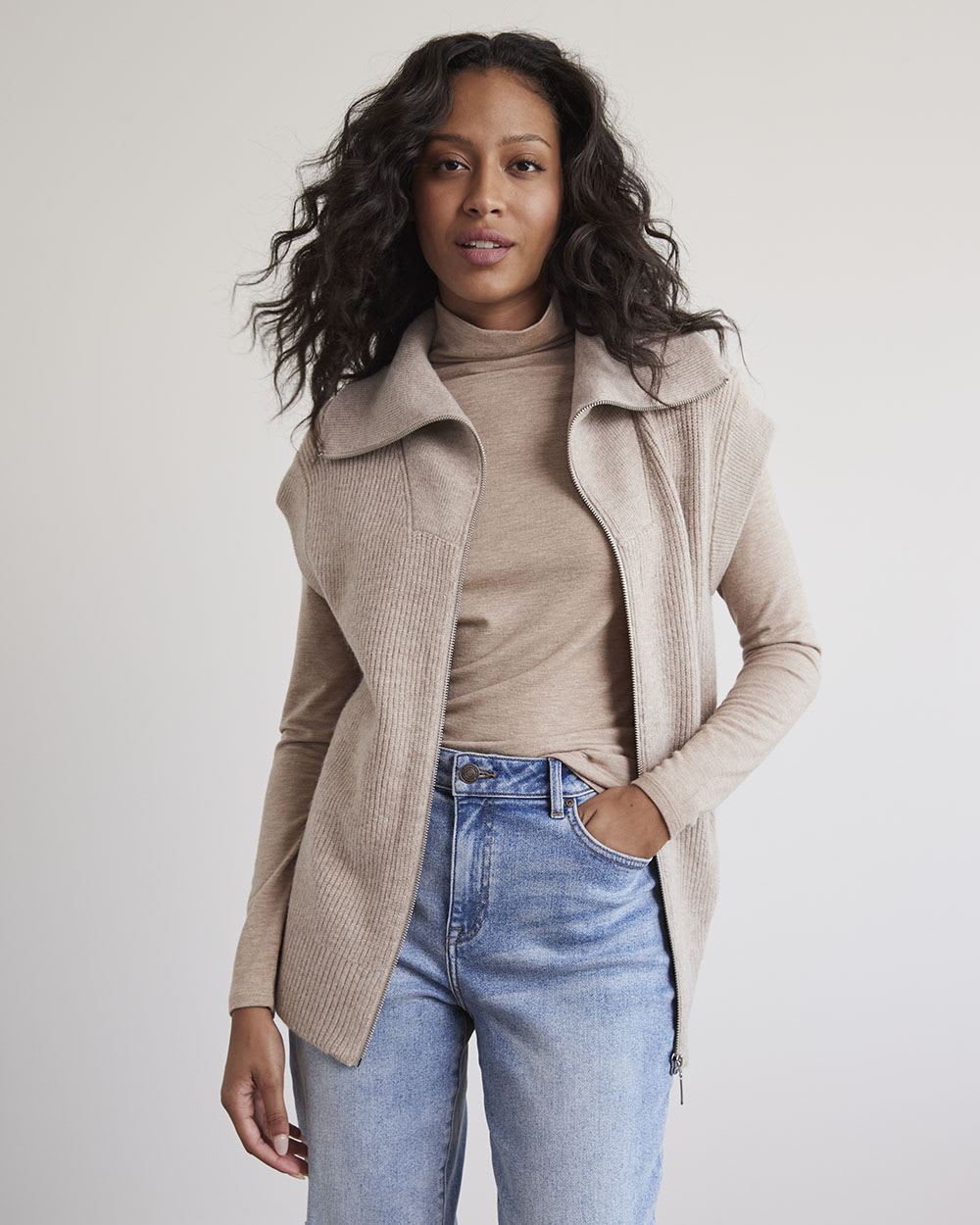 Zipped Sleeveless Mock-Neck Vest