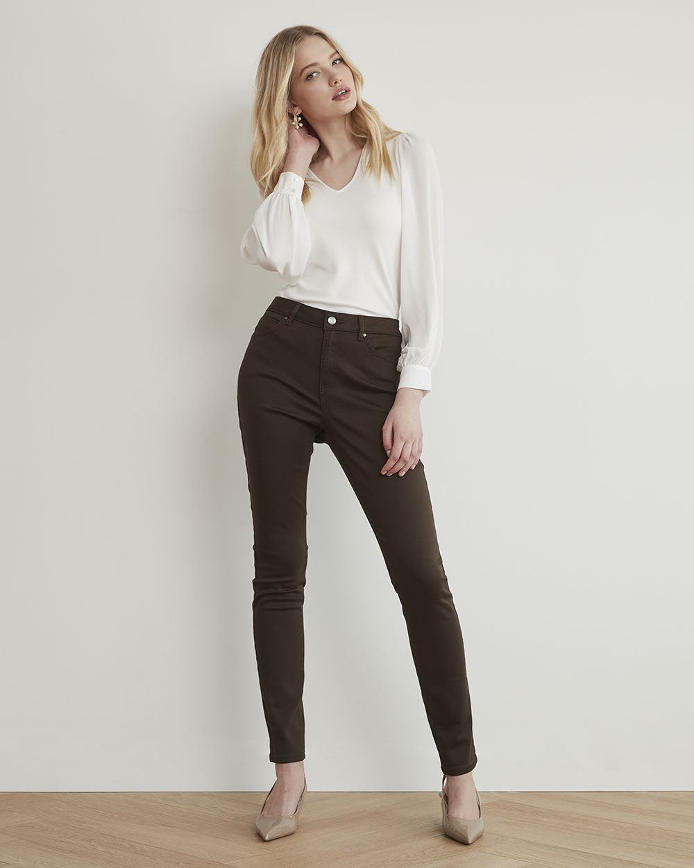 Mix-Media V-Neck Top with Long Puffy Sleeves