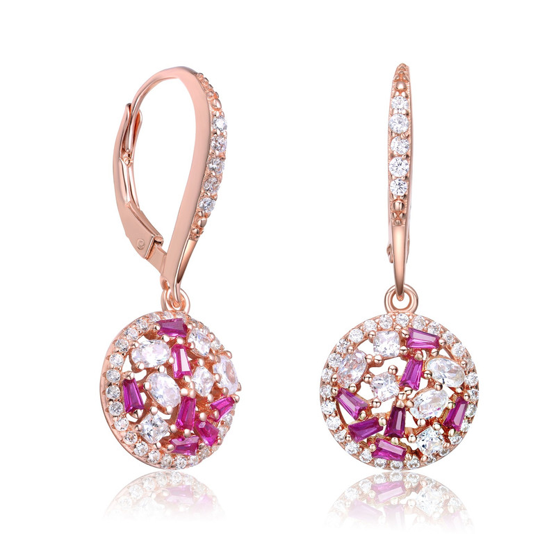 Sterling Silver 18k Rose Gold Plating with Ruby Cubic Zirconia Round Leverback Earrings