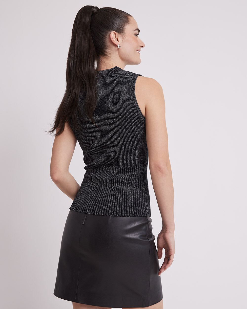Sleeveless Mock-Neck Bodycon Top with Metallic Fibres