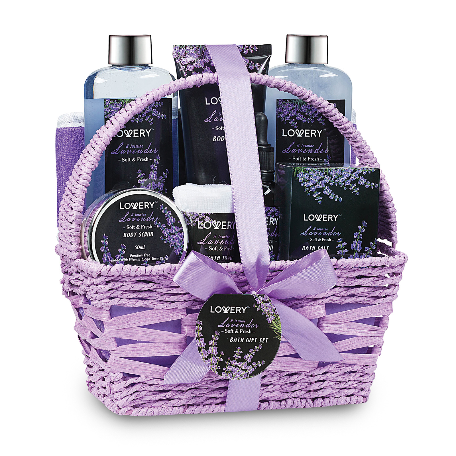 Lovery Home Spa Gift Basket - Lavender And Jasmine Fragrance - 9pc Set