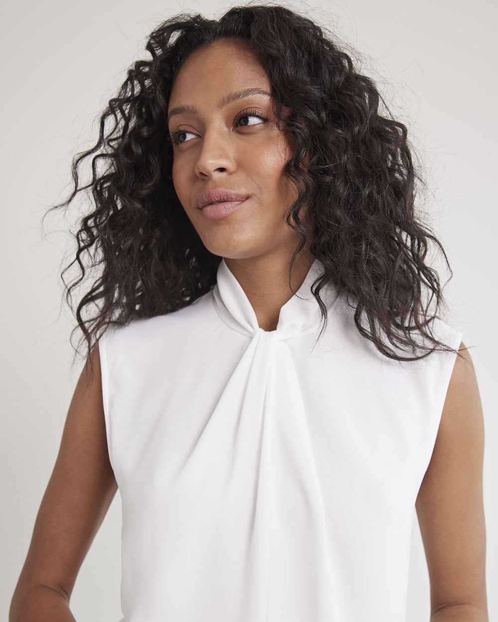 Mix-Media Twisted Mock-Neck Tee with Extended Sleeves