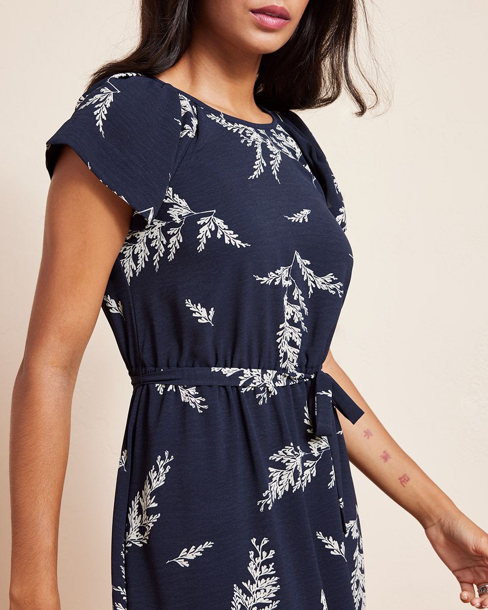 Extended-Sleeve Fluid Fit and Flare Midi Dress with Crew Neckline