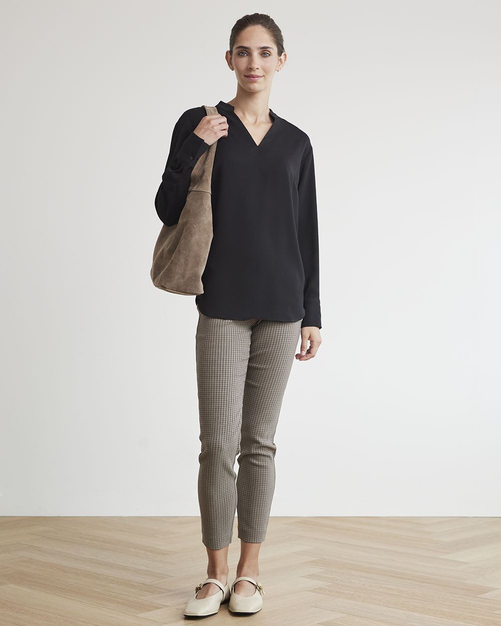 Long-Sleeve Fluid Twill Tunic with V Neckline