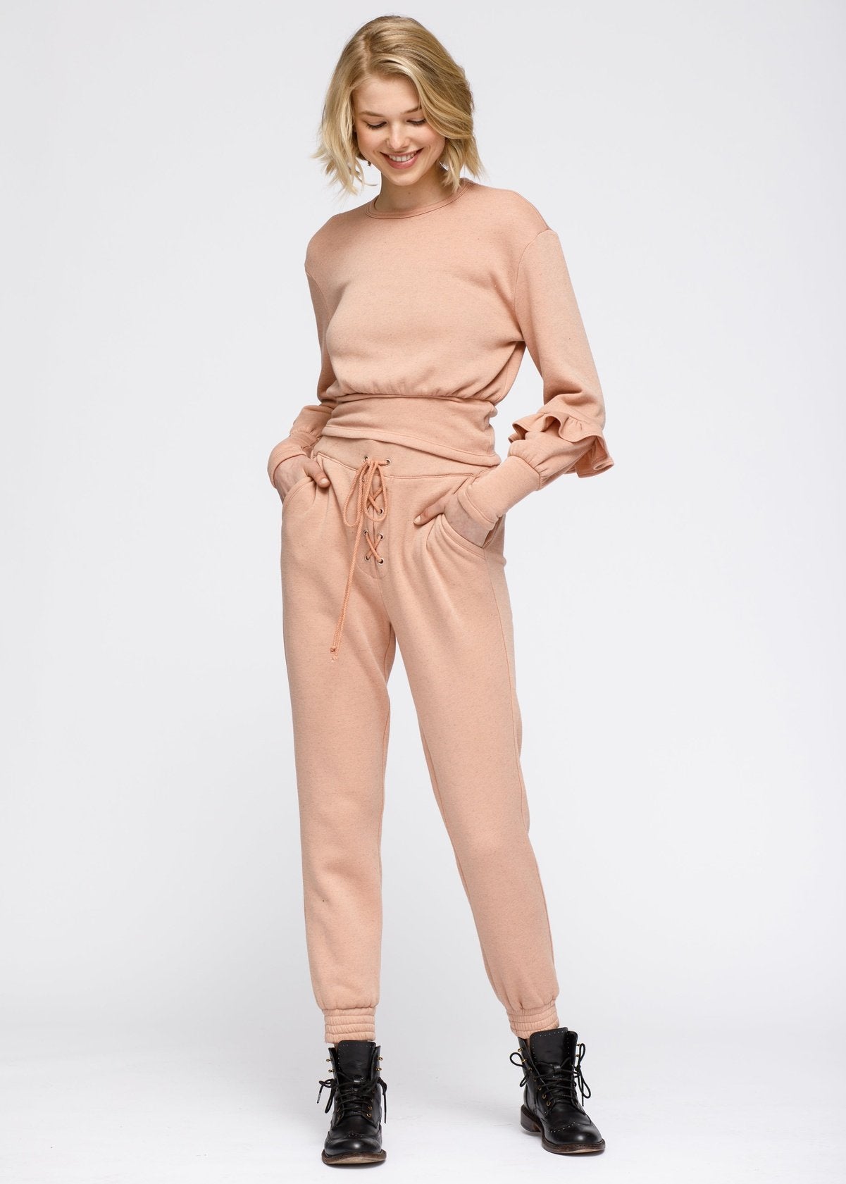 Nurode Crew Neck Ruffle Sleeve Peplum Sweatshirt