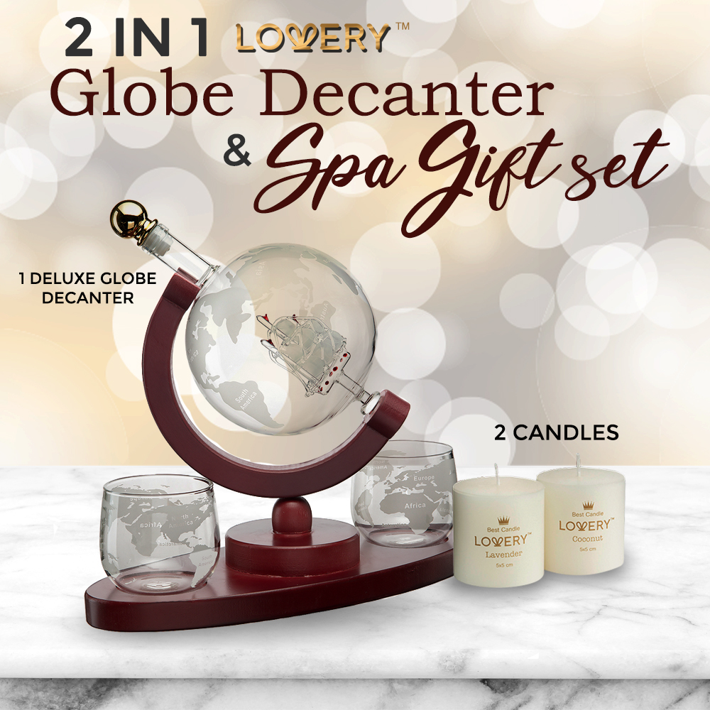 Lovery Whiskey Wine Globe Decanter & Spa Essentials Gift Set - Deluxe 20pc
