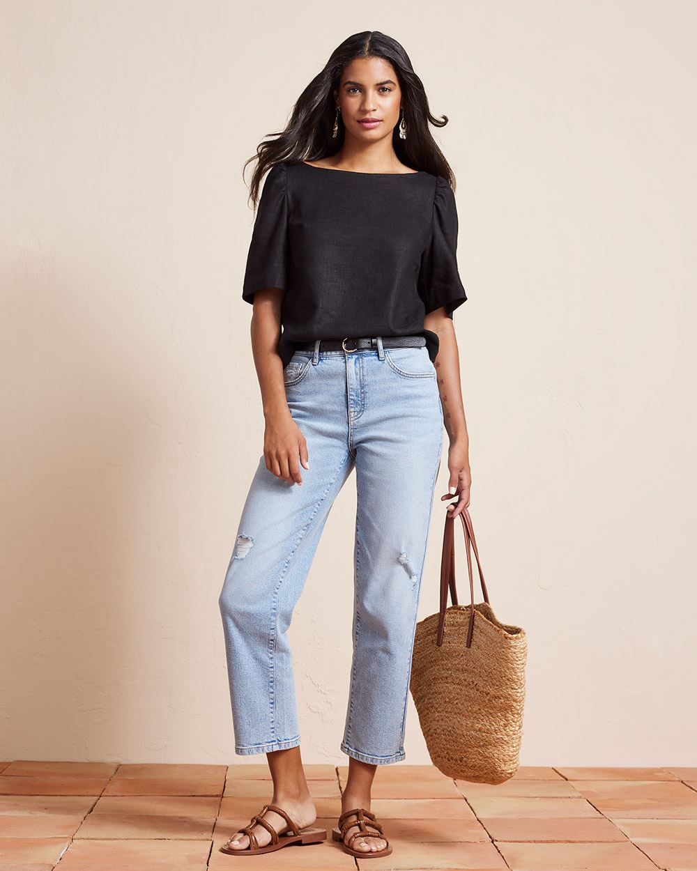Short-Sleeve Popover Linen Blouse