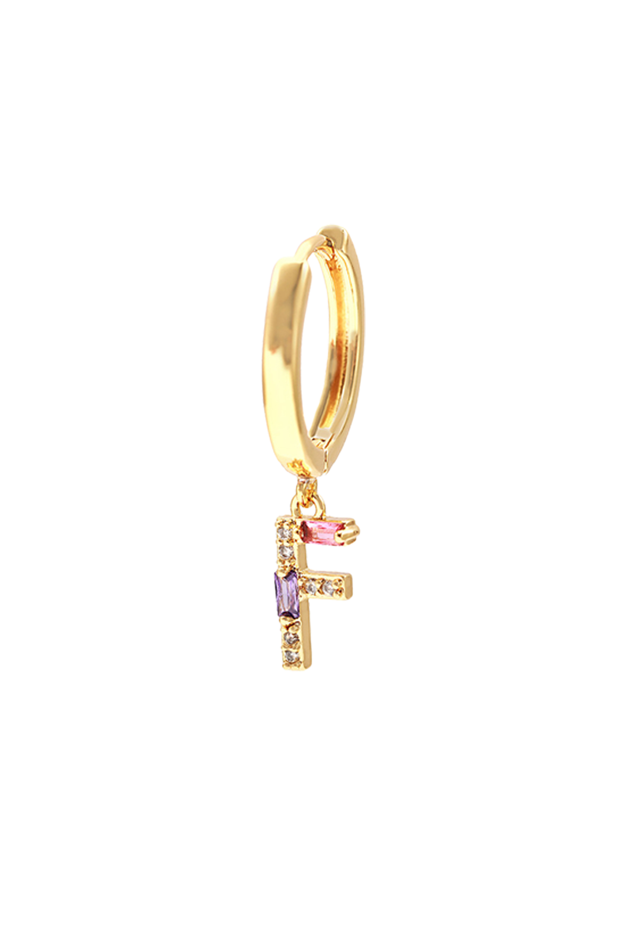 Classicharms-Single Pavé Initial Charm Drop Huggie Hoop Earring-Letter F