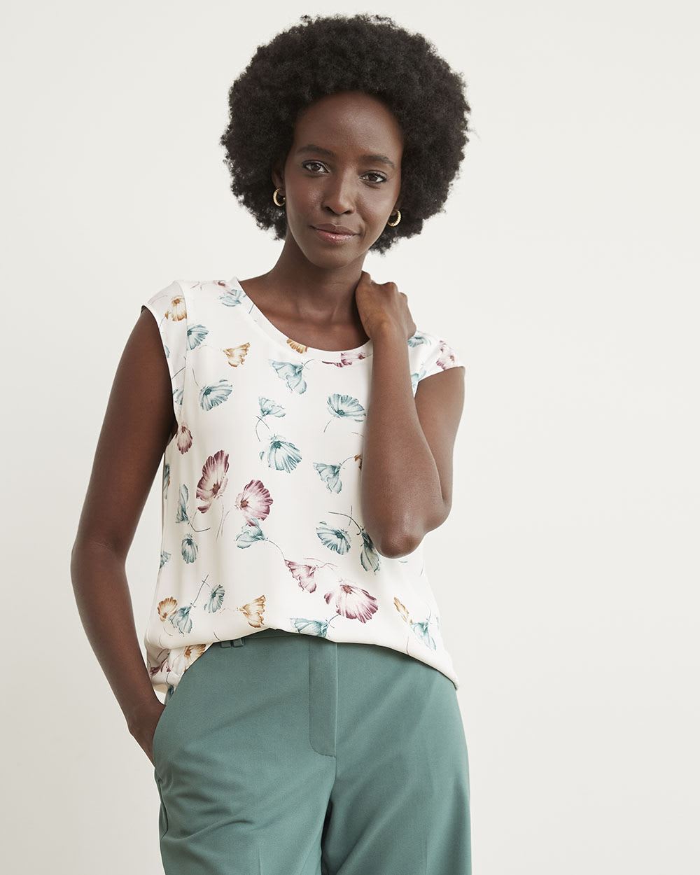 Printed Silky Crepe Cap Sleeve Blouse