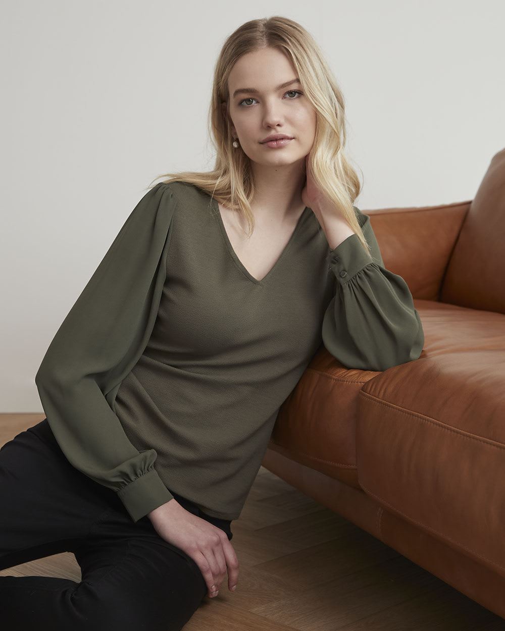 Mix-Media V-Neck Top with Long Puffy Sleeves