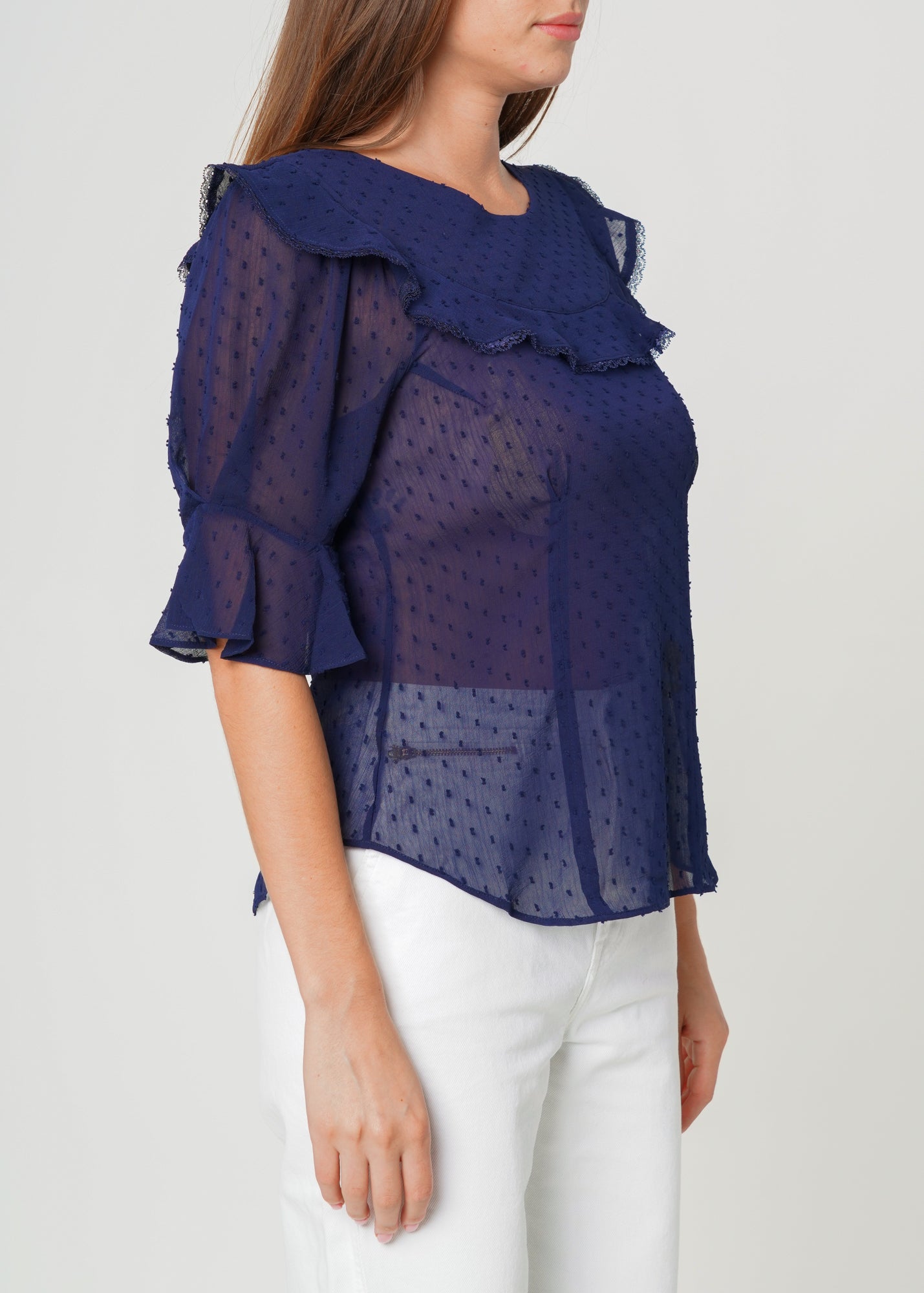 Nurode Swiss Dot Ruffle Sleeve Top