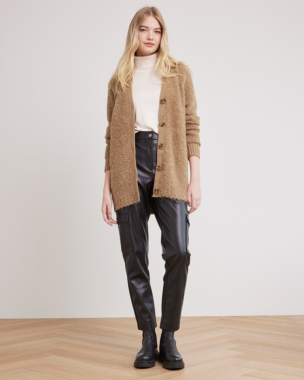 Long-Sleeve Buttoned-Down Bouclé Cardigan