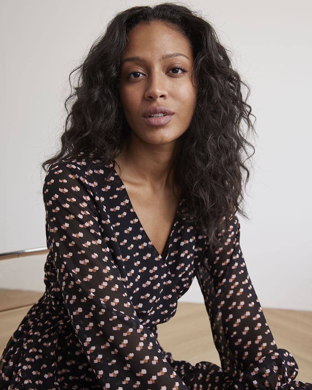 Long-Sleeve Fit and Flare Dress with Sash and High-Low Hem