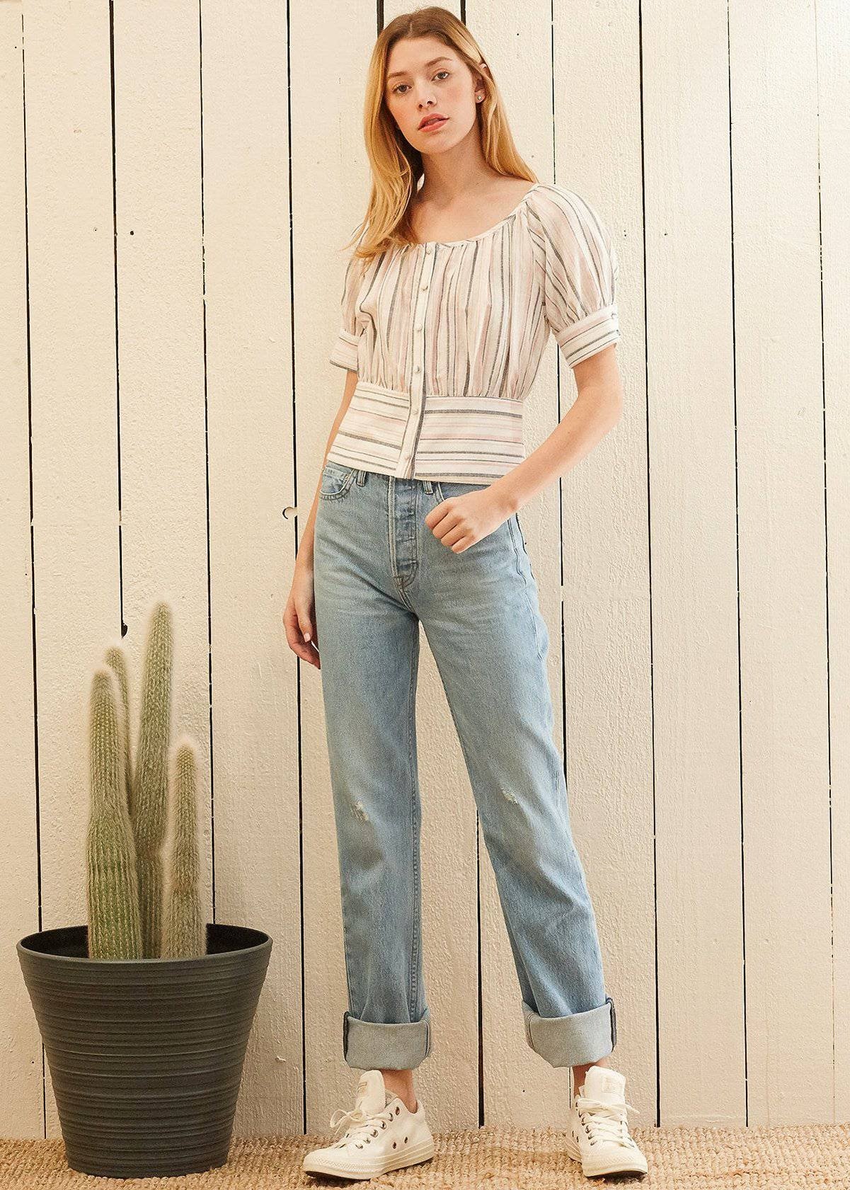 Nurode Multi Striped Puff Sleeve Top