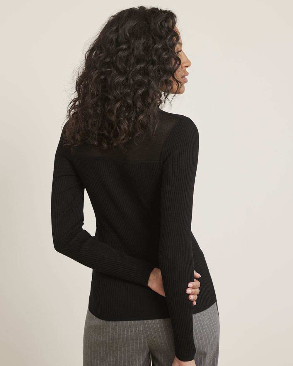 Long-Sleeve Polo Sweater with Sheer Yoke