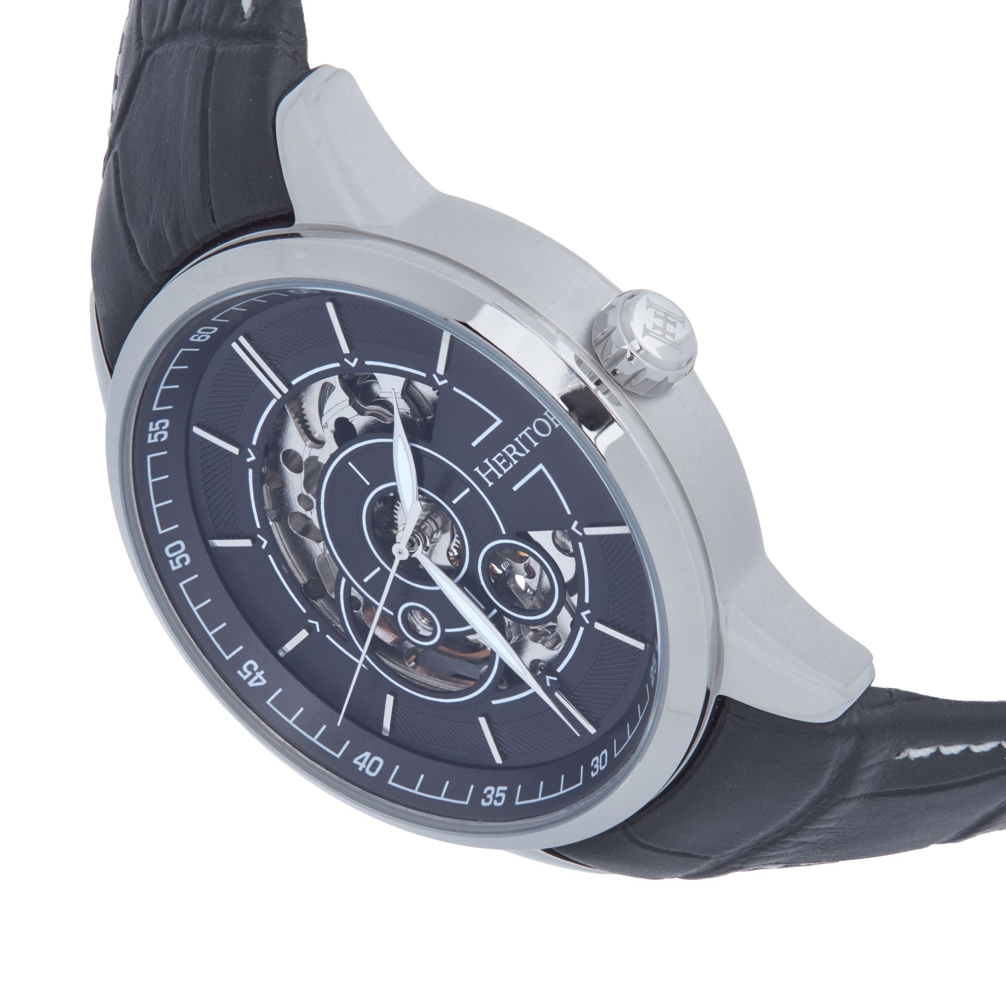 Heritor Automatic - Davies Semi-Skeleton Leather-Band Watch - Silver/Navy