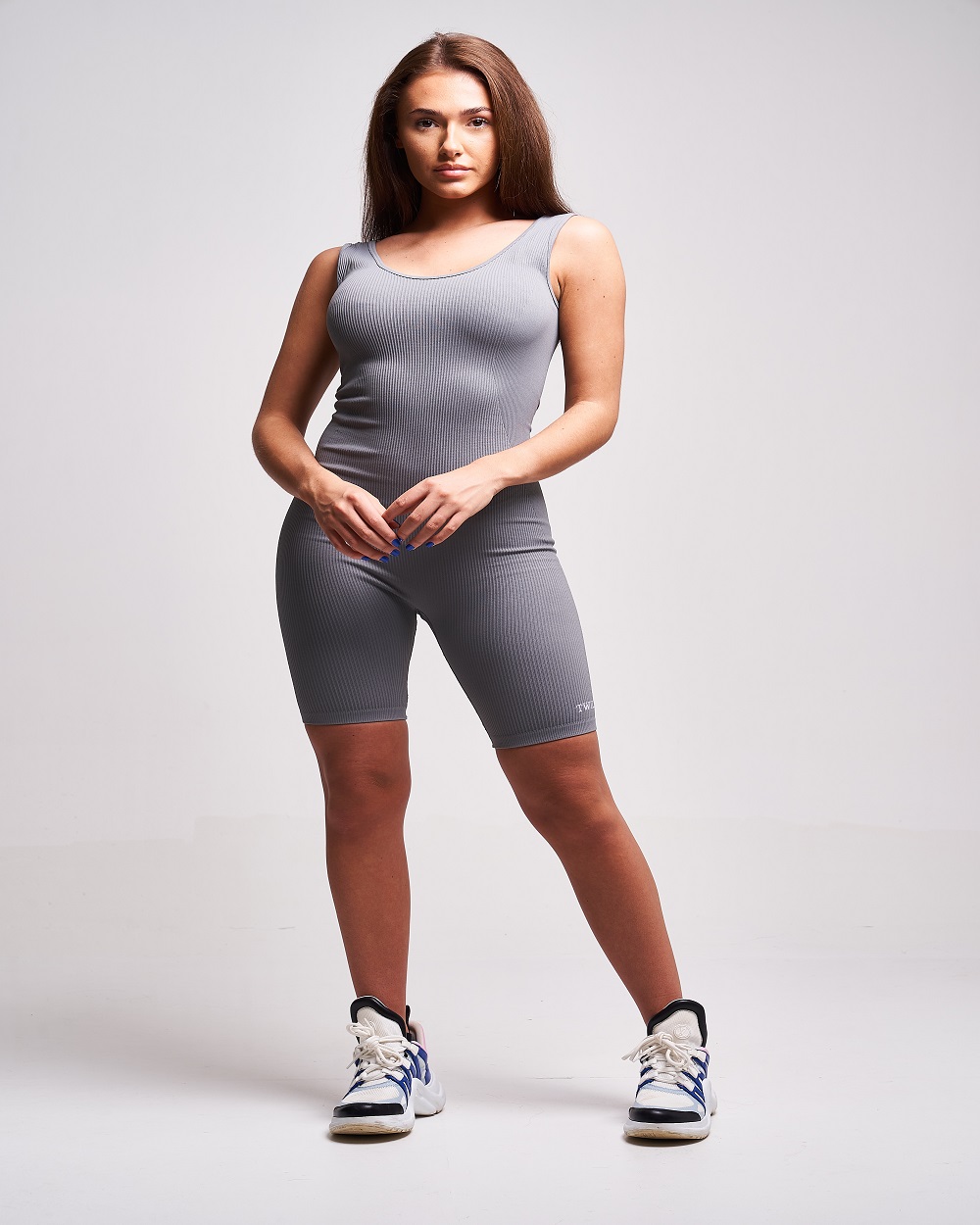 Twill Active - Flannel Recycled Rib Plunge Neck Playsuit - Grey