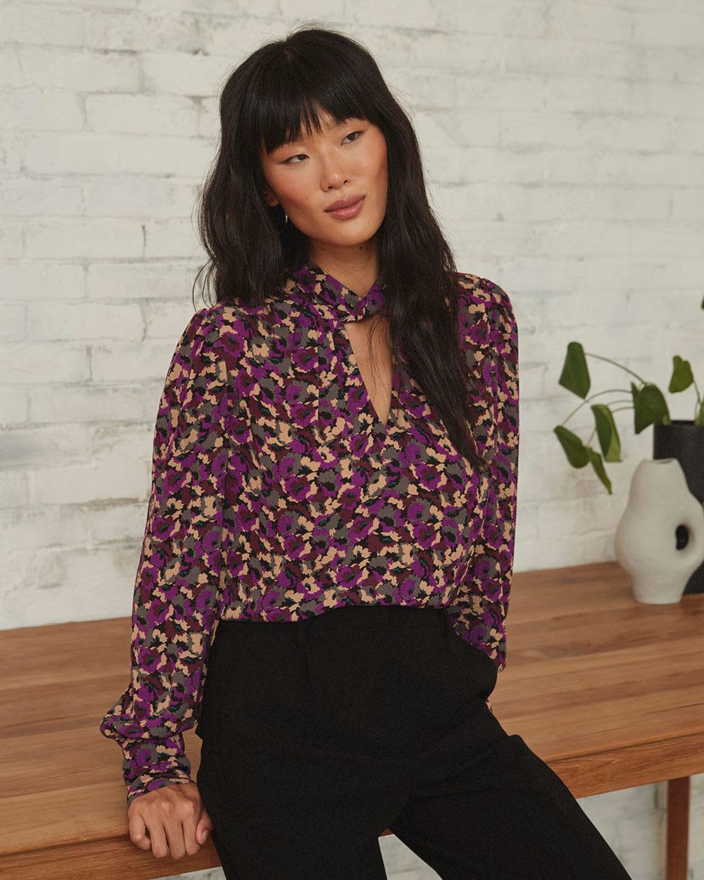 Twisted Cutout Mock-Neck Long Sleeve Popover Blouse