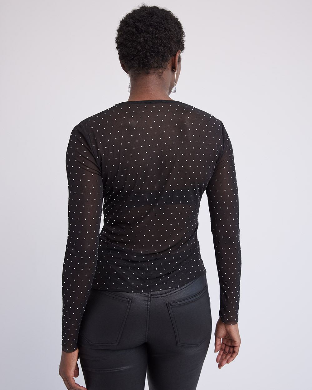 Long-Sleeve Beaded Mesh Tee with Crew Neckline