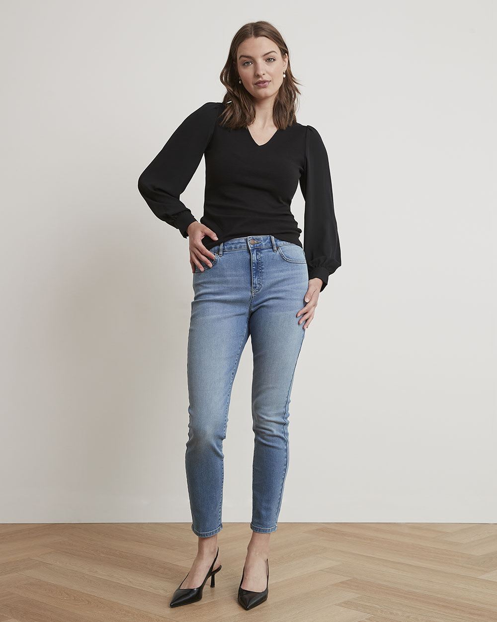 Mix-Media V-Neck Top with Long Puffy Sleeves