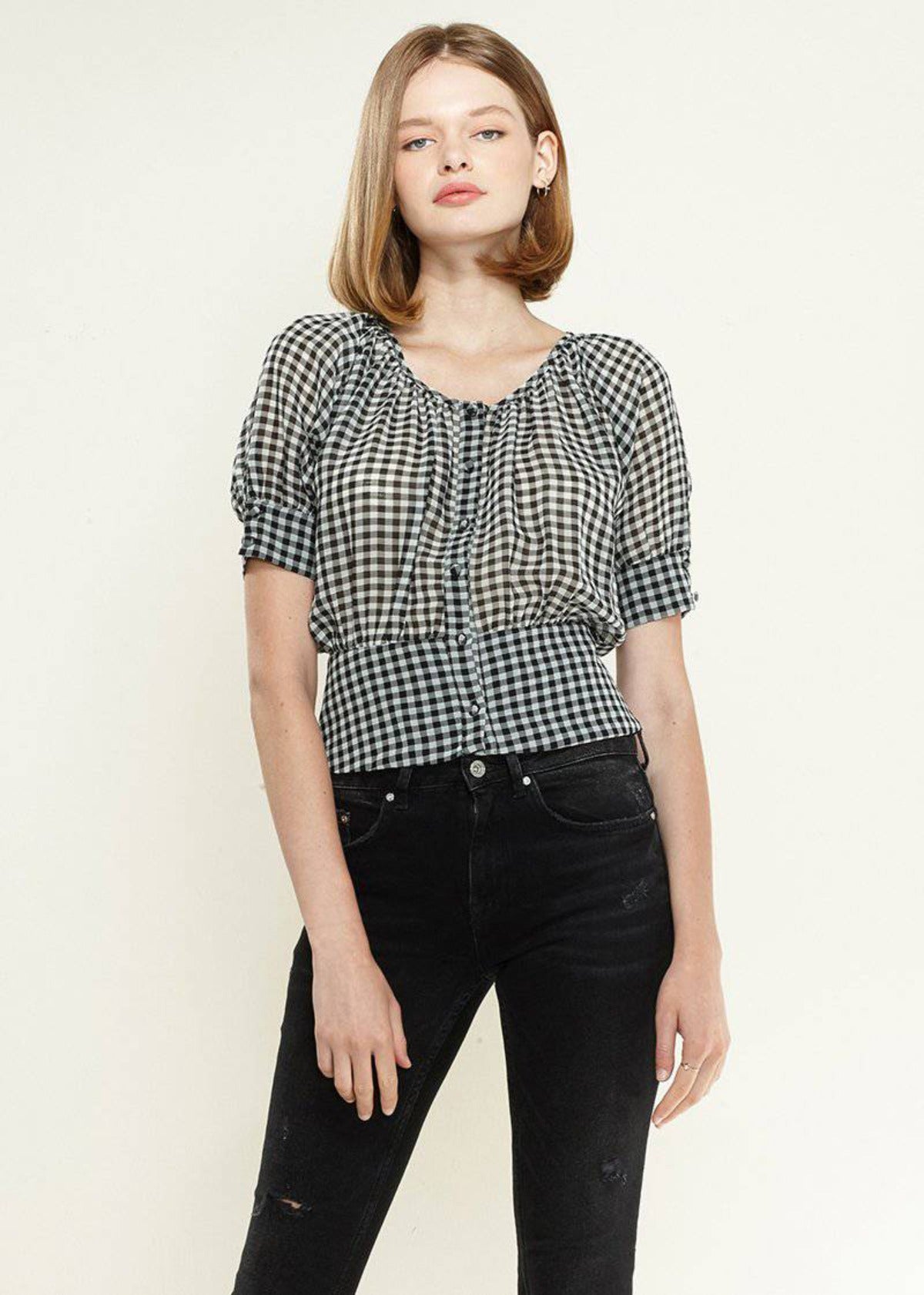 Nurode Button Down Peplum Cropped Blouse