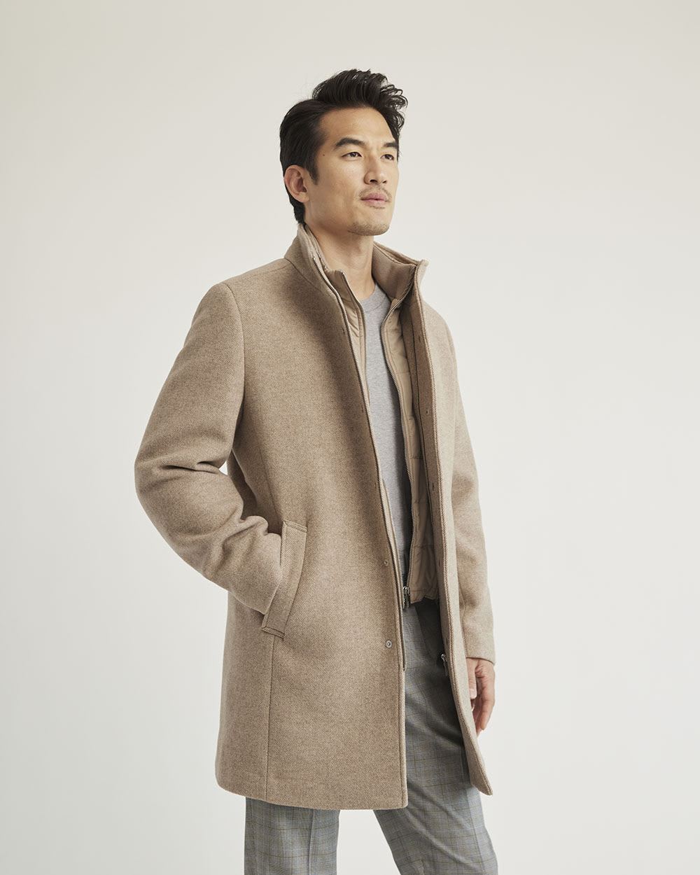 Classic Herringbone Wool Coat with Mock Neckline